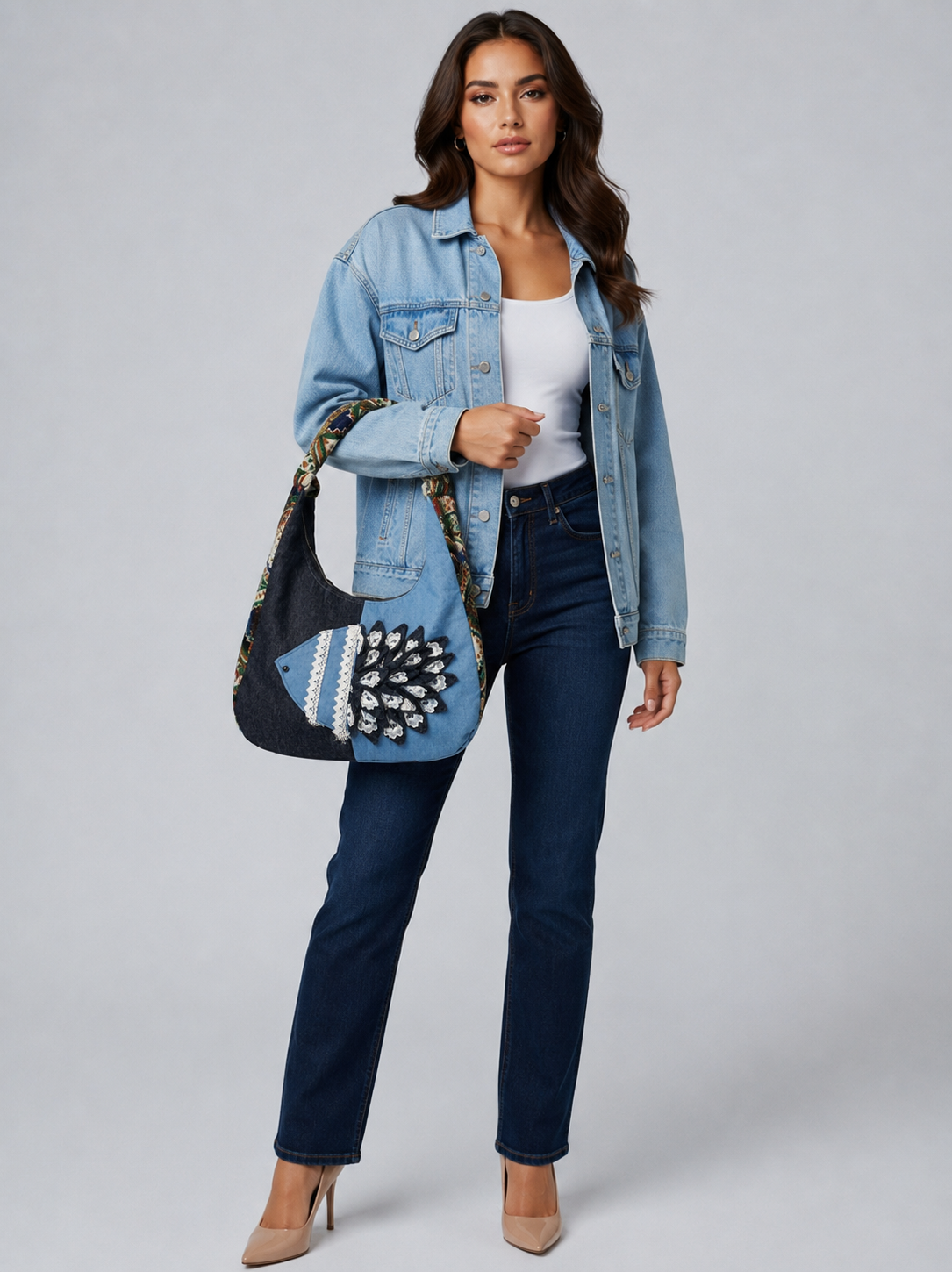 SEA CORAL APPLIQUE DENIM BAG