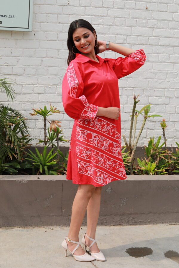 Pink Tikuli Cotton Women Knee Length Tunic Dress - Image 3