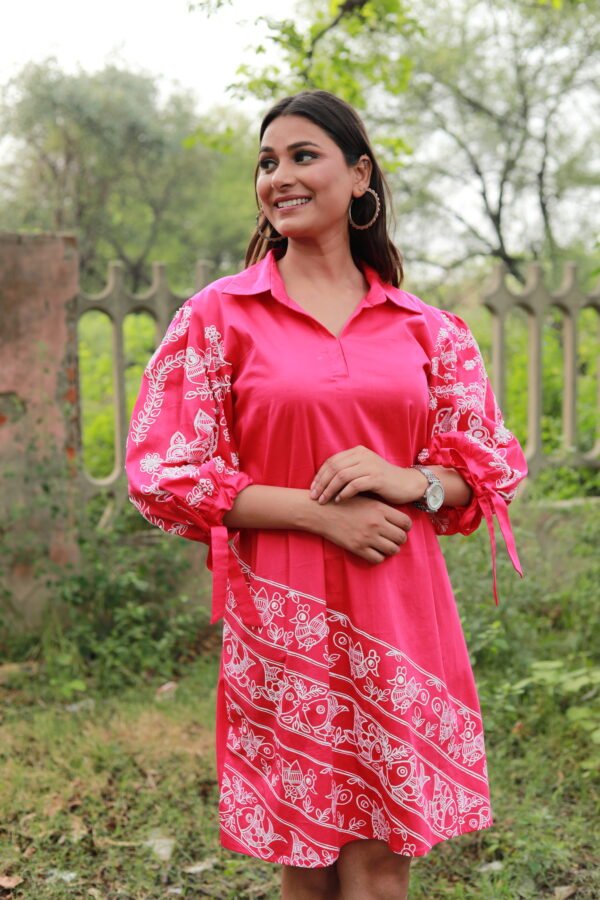 Pink Tikuli Cotton Women Knee Length Tunic Dress - Image 4