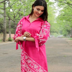 Pink Tikuli Cotton Women Knee Length Tunic Dress