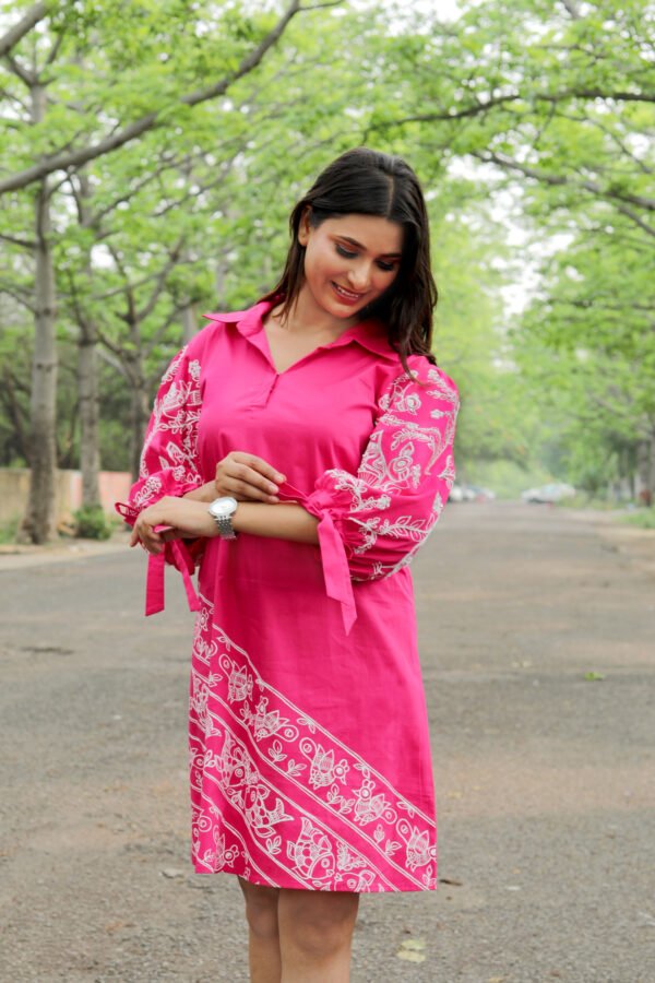Pink Tikuli Cotton Women Knee Length Tunic Dress